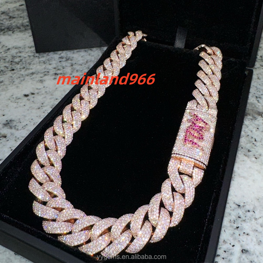 Custom Moissanite Heavy Silver Chain for Men 13mm-22mm Width S925 Solid Rose Gold Plated VVS Moissanite Diamond Cuban Link Chain
