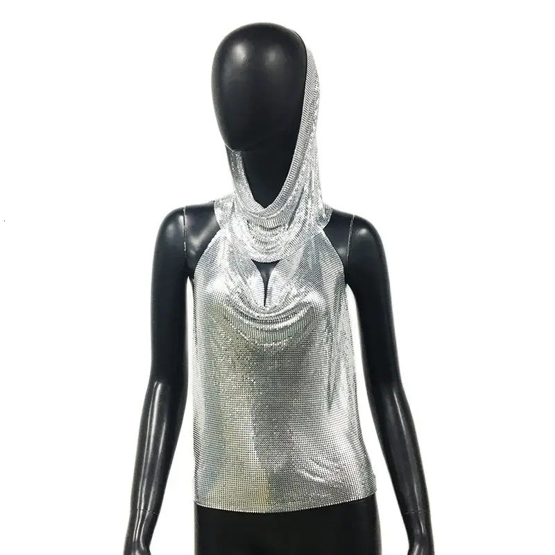 Fashion Sexy Metallic Sequins Women Crop Tank Tops with Headscarf Backless Hollow Out Halter Metal Sequin Chain Corset Top 250304