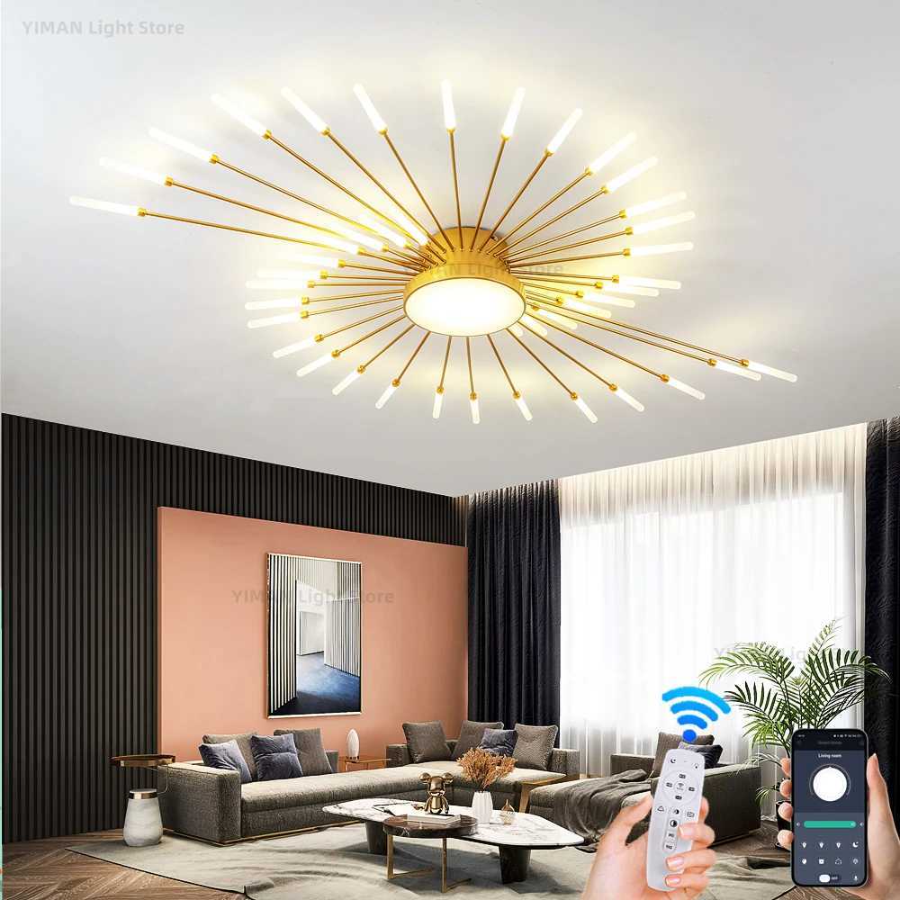 Led Firework Chandelier Dimmable For Living Room Bedroom Milk Yellow Ceiling Chandelier Dining Room LED Ceiling Lamp With Remote X250307
