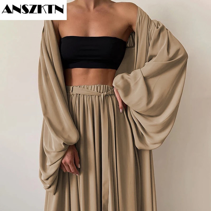 ANSZKTN Short Vest Lantern Long Sleeve Coat High Waist Wide Leg Pants Sexy Women 2 pieces Sets 250225