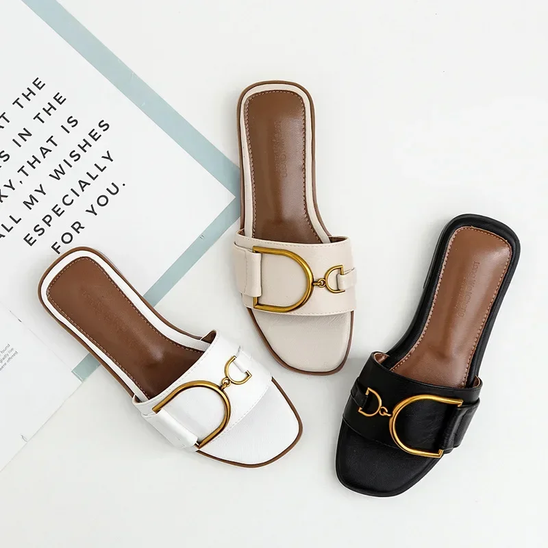 2025 Summer Women Slippers Leather Square Toe Women Flats Flip Flops Designer Ladies Slides Sandals Women Shoes Luxury Sandals