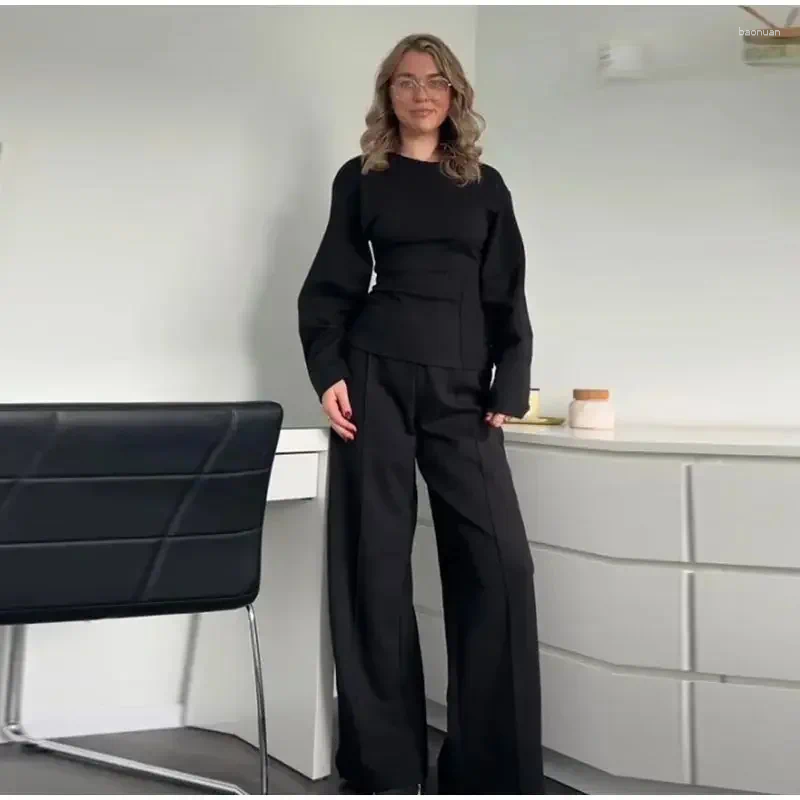 Womens Two-Piece Set Casual Solid Slim O-Neck Top with Long Sleeves & Wide-Leg Pants - Autumn Winter Office Wear C260312