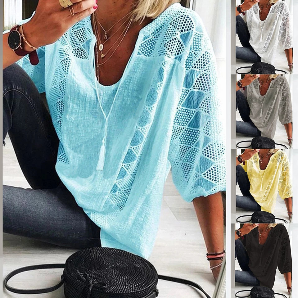 Plus Size L-5XL Blouse Cotton Linen Patchwork Lace U-neck Women Draw String Hollow Tops Summer Elegant Three Quarter Sleeve Tees250304
