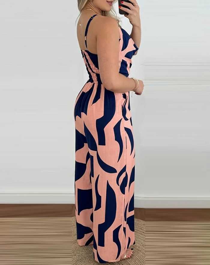 Casual Overall Spaghetti Strap Pocket All Over Print Swing Collar Sveless Allover Print High Waist Wide Leg Loose JumpsuitXJ250307