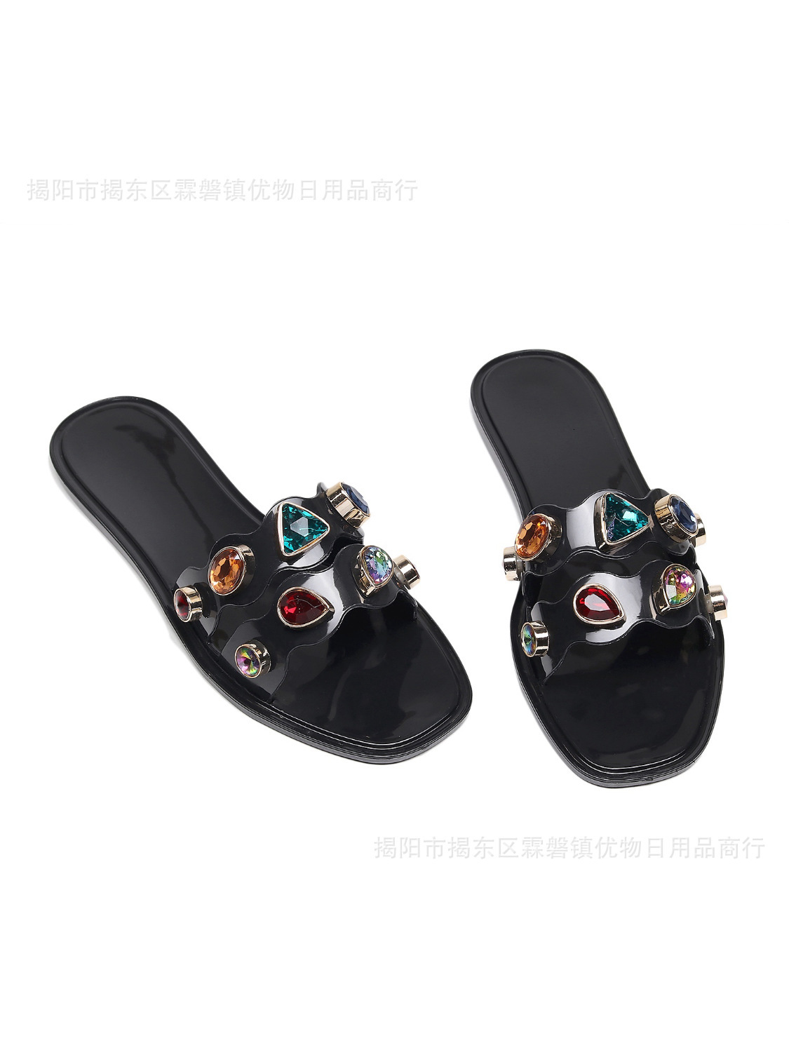 Flat New Bottomed Square Toe Straight Dragged Crystal Shoes New Summer Fashion Cool Colorful Outer Wear Women's Slippers
