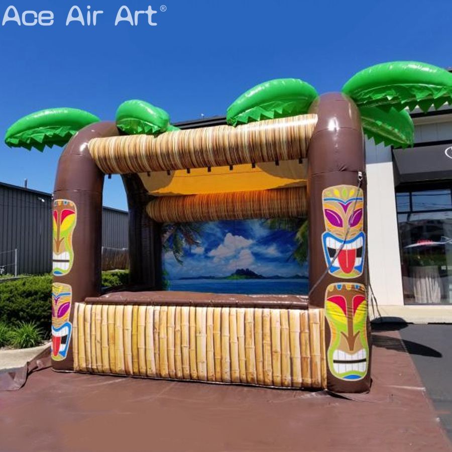 4mLx3mWx3.5mH (13.2x10x11.5ft) with blower Inflatable Tiki Bar Concession and Beverage stall with Three Windows and Tahiti Backdrop for Summer Holiday