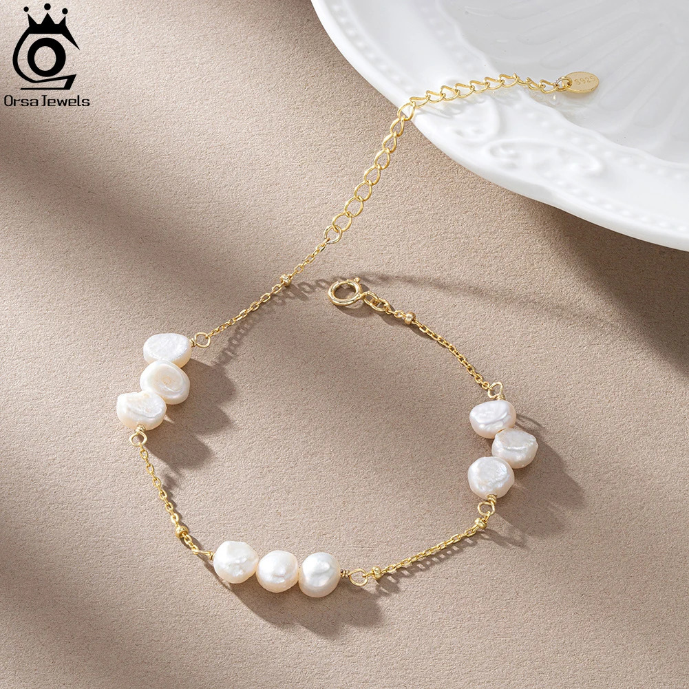 ORSA JEWELS Baroque Beaded Pearl Bracelet Versatile Chain For Women Girls 14K Gold Plated Fine Pearls Accessories GPB22 250303