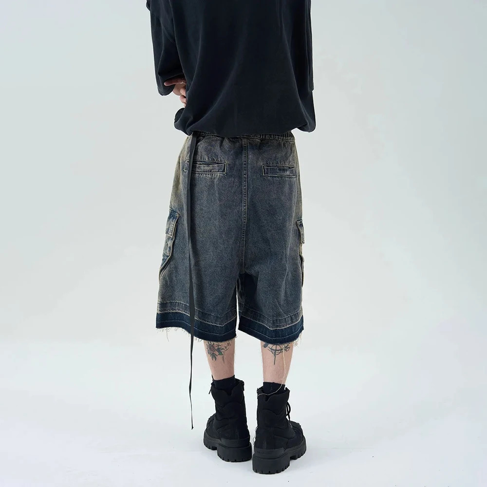 Summer retro blue wide leg brushed denim shorts with washed loose denim mens fashion trend straight Y2k shorts 250306