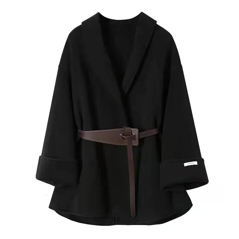 2024 Autumn Mid Long Woollen Coats and Blends Black Elegant with Belt Tweed Jacket Loose Womens Winter Coat in Outerwears 250225
