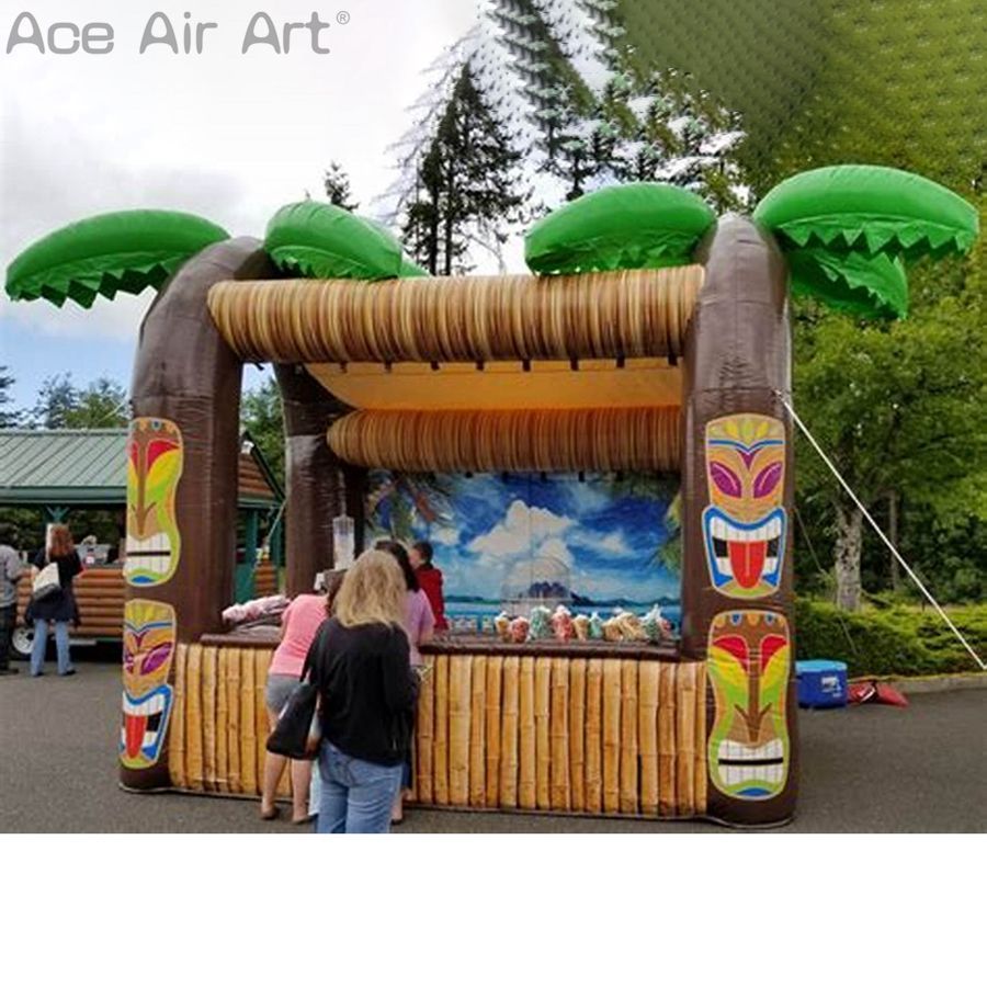 4mLx3mWx3.5mH (13.2x10x11.5ft) with blower Inflatable Tiki Bar Concession and Beverage stall with Three Windows and Tahiti Backdrop for Summer Holiday