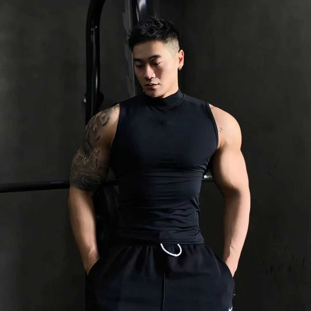 Muscle Mens Fitness Clothes Solid Sports Sleeveless T-shirt High Neck ElasticT250318