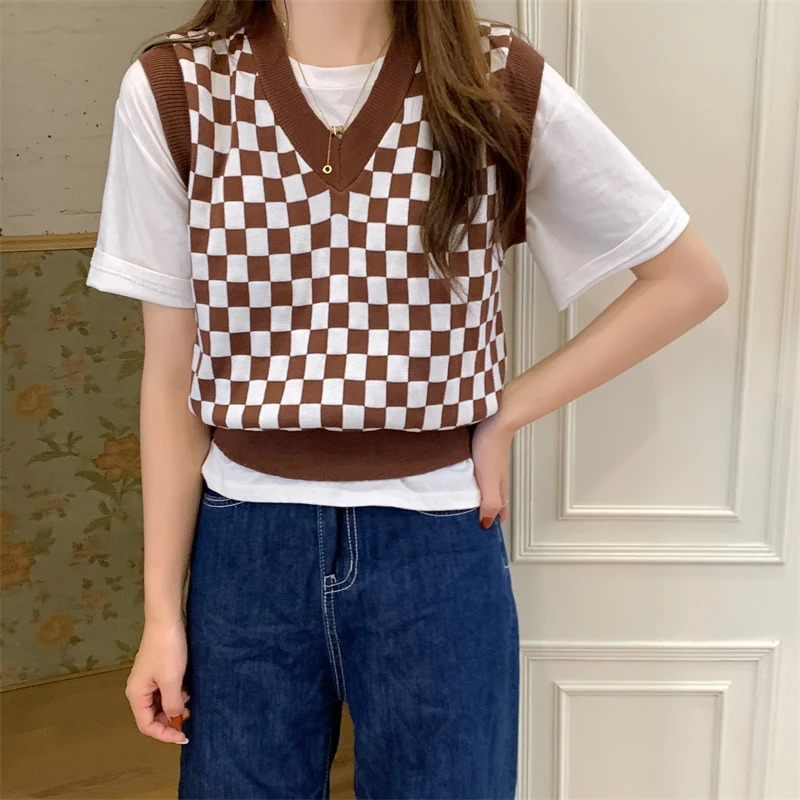 Women Knitted Plaid Sweater Vest Sleeveless Loose VNeck Knitwear Vintage Fall Winter Tank Top Pullover 250227Z