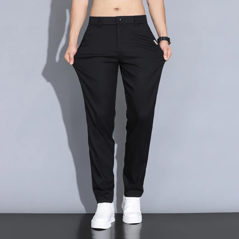 2024 Summer Thin Men Straight Casual Mens Pants Slim Stretch Elastic Waist Male Trousers Solid Color Clothing Coffee 250305Z