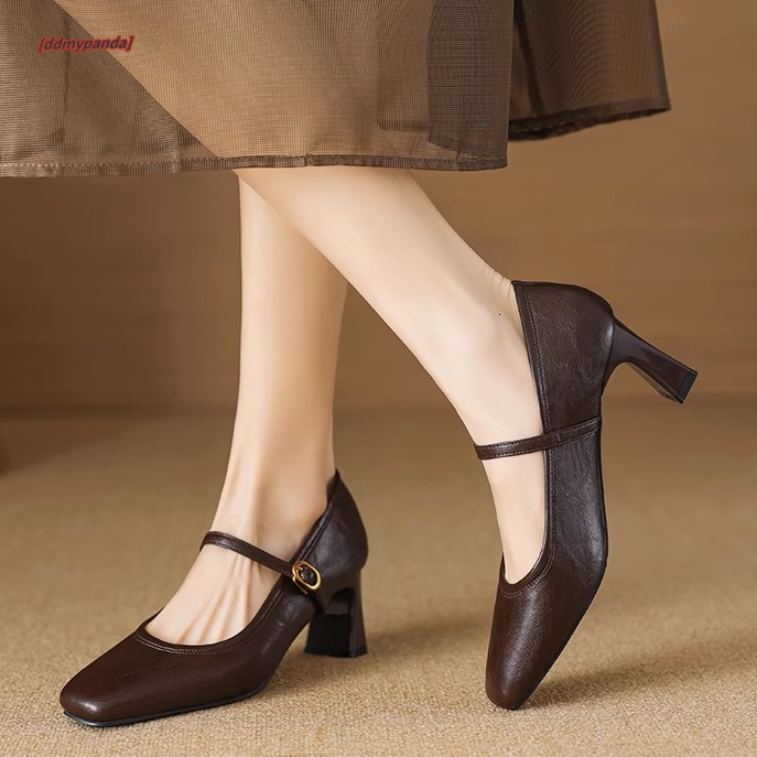 Sheepskin~French Black High Heels 2025 Spring Strap Commuter Coarse Heel Mary Jane Single Shoes #ddmypanda