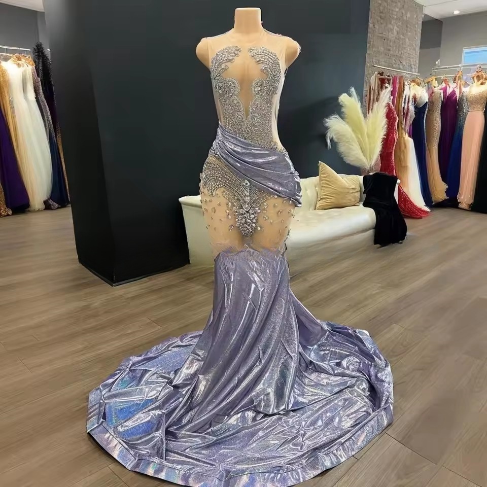 Glitter Mermaid Prom Dresses 2025 Rhie Beaded Sequin Long Party Dress Women Sexy Sheer Mesh Birthday Gown Customized