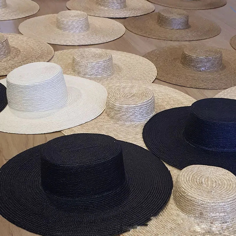 Spring Summer 18cm Wide Brim Black Straw Hat Flat Top Straw Hats For Women Elegant French Retro Sun Hat er Hat 250306