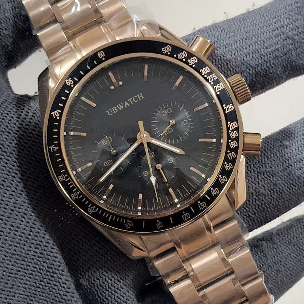 Stylish Accessory 42MM Case Diameter Moonwatch Luminous Quartz Chronograph Mens Watches Battery Power Working Sub-dials Luxury Gold Men's Wristwatches