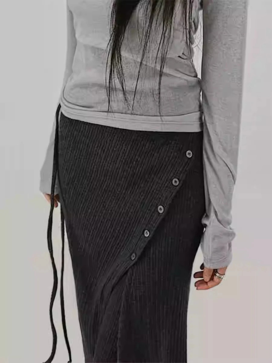 2025 Bottom Fashion Street n Thread Knitted Casual Buckle Split Tie Half body Skirt Pants Two Piece Set Y2k 250225