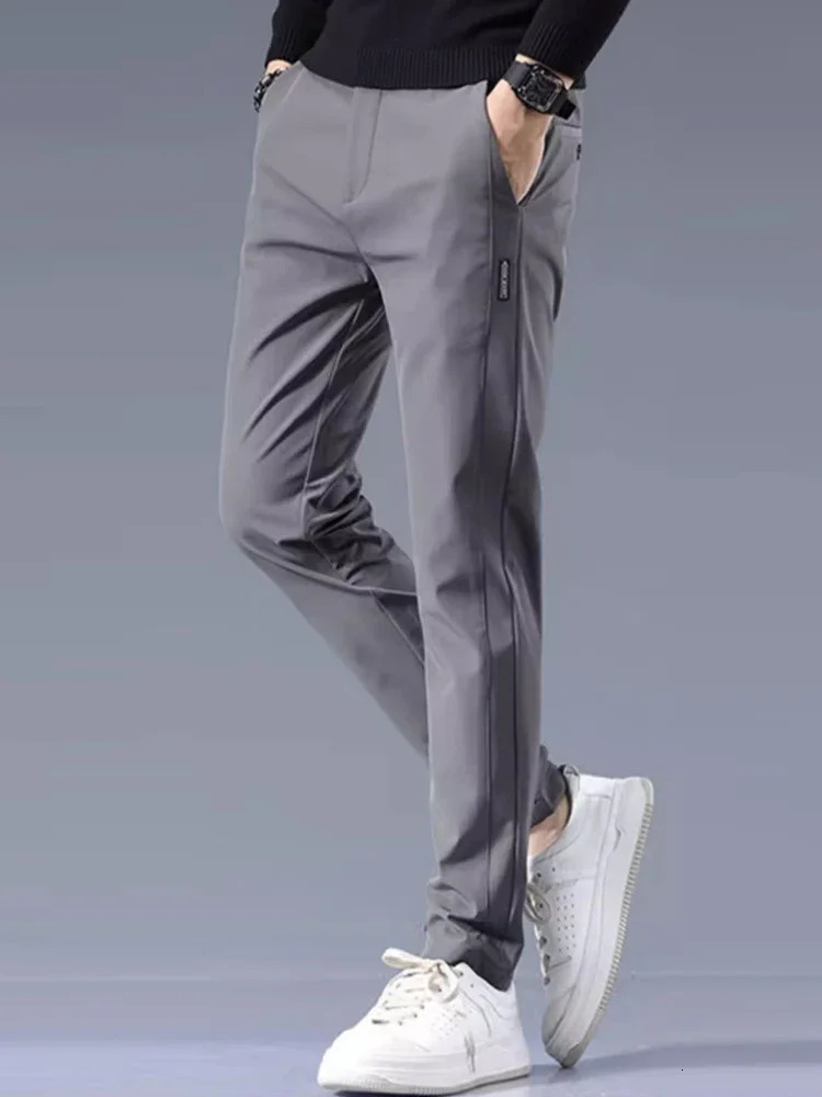 Mens casual pants semi elastic waistband nylon ice silk elastic straight tube light gray business gentleman summer casual 250305Z