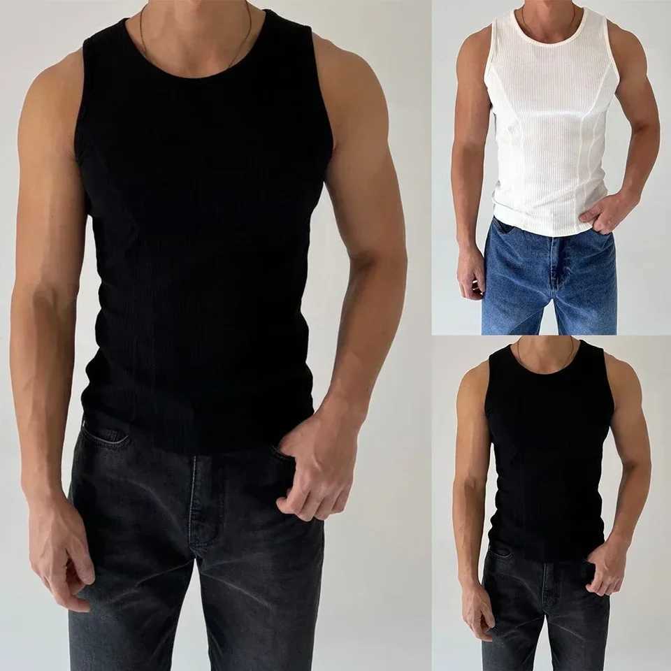 Top Men Vest Ribbed Sleeveless Stripe Tank Top Vertical Vest Fitness Regular Slim Fit Solid Sports ActivewearT250318