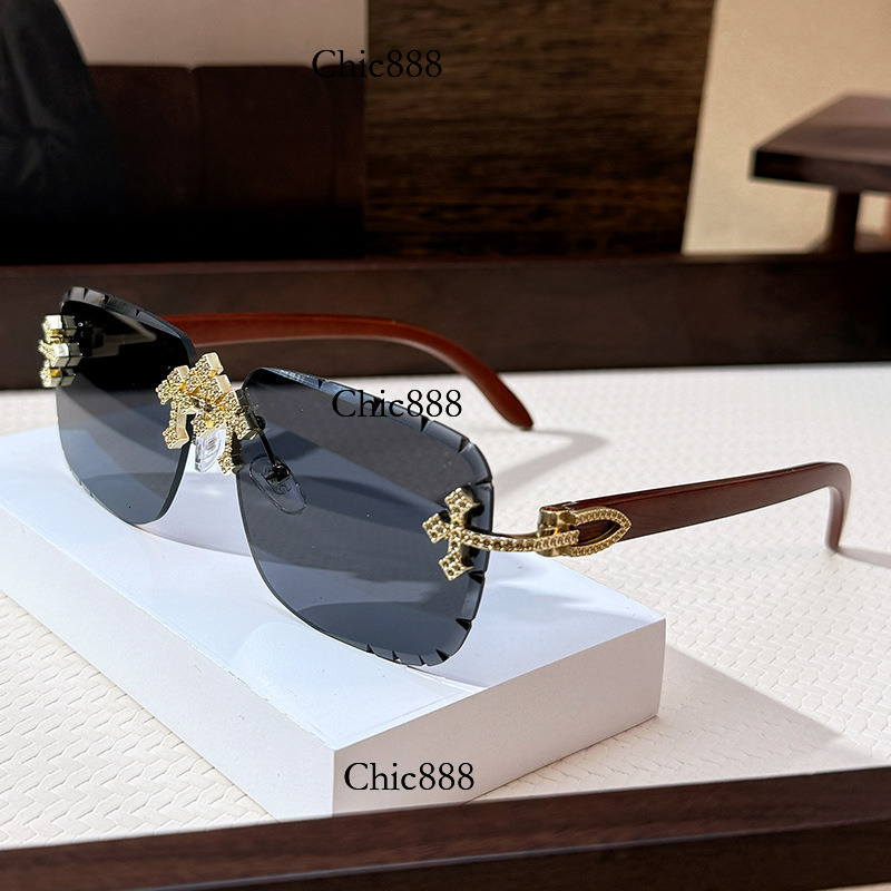Cross inlaid diamond sunglasses for men, starry sky metal frameless sunglasses, high-end decorative wood grain legs