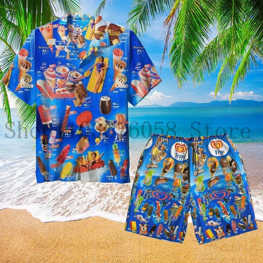 Trendy Cool Fashion Ice Cream Shirts Set Men 3D Print ShirtShorts Two Piece Sets Hawaii Beach Shirt Unisex Clothing 250306