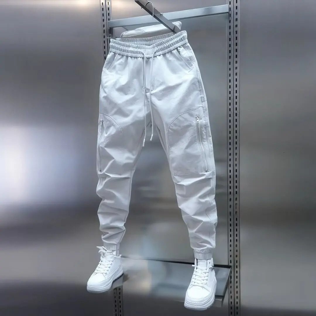 Washed Loose Fit Regular Waist Teenage Trend Solid Color Large Pocket Bound Mens Casual Hiphop Long Pants Mens Clothing 250305Z