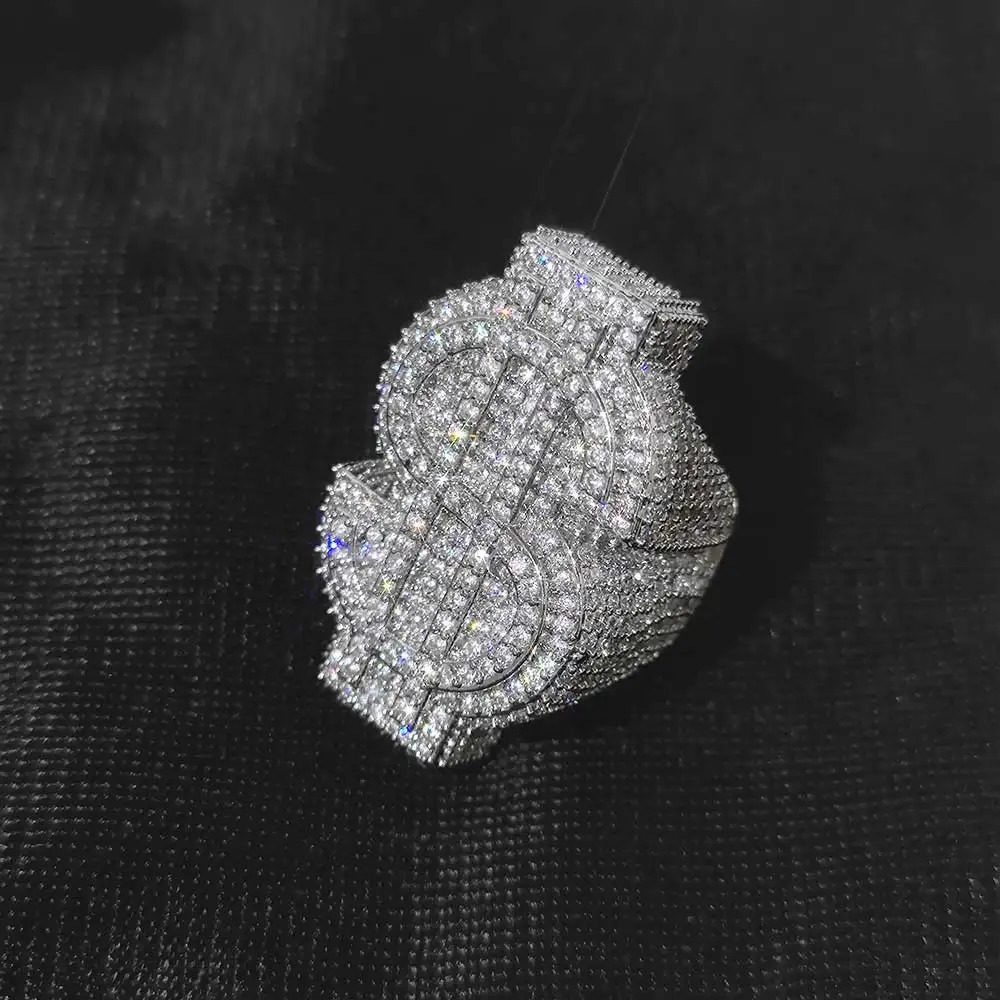 Personalized Custom Hip Hop Full Diamond Sign Ring Bling Iced Out Money Big USD 18k Gold Plated Ring For Women Men 250318
