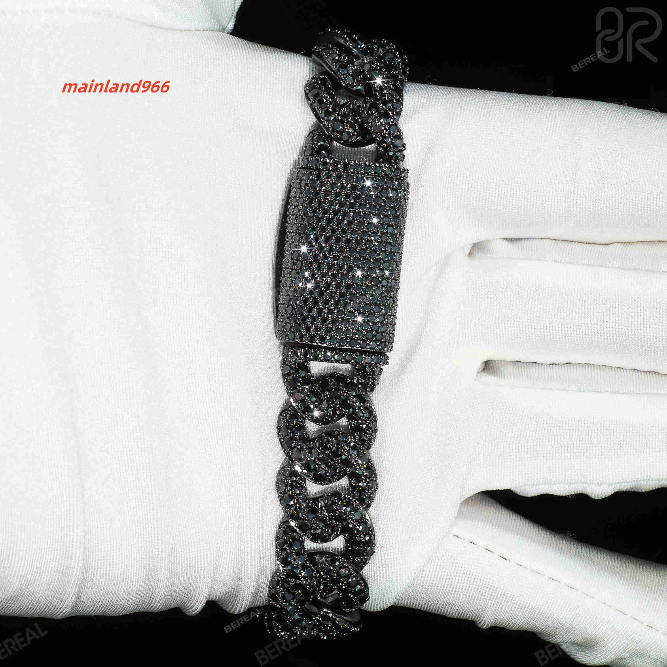 New Design 14MM Black Moissanite Cuban Chain Necklace High Quality Round Brilliant Cut Diamond 925 Silver Link Bracelet