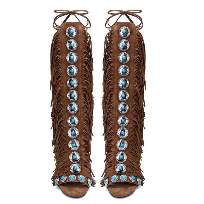 Real cow suede leather tassels women sandals peep toe jewel lace up 10cm high heels 250318