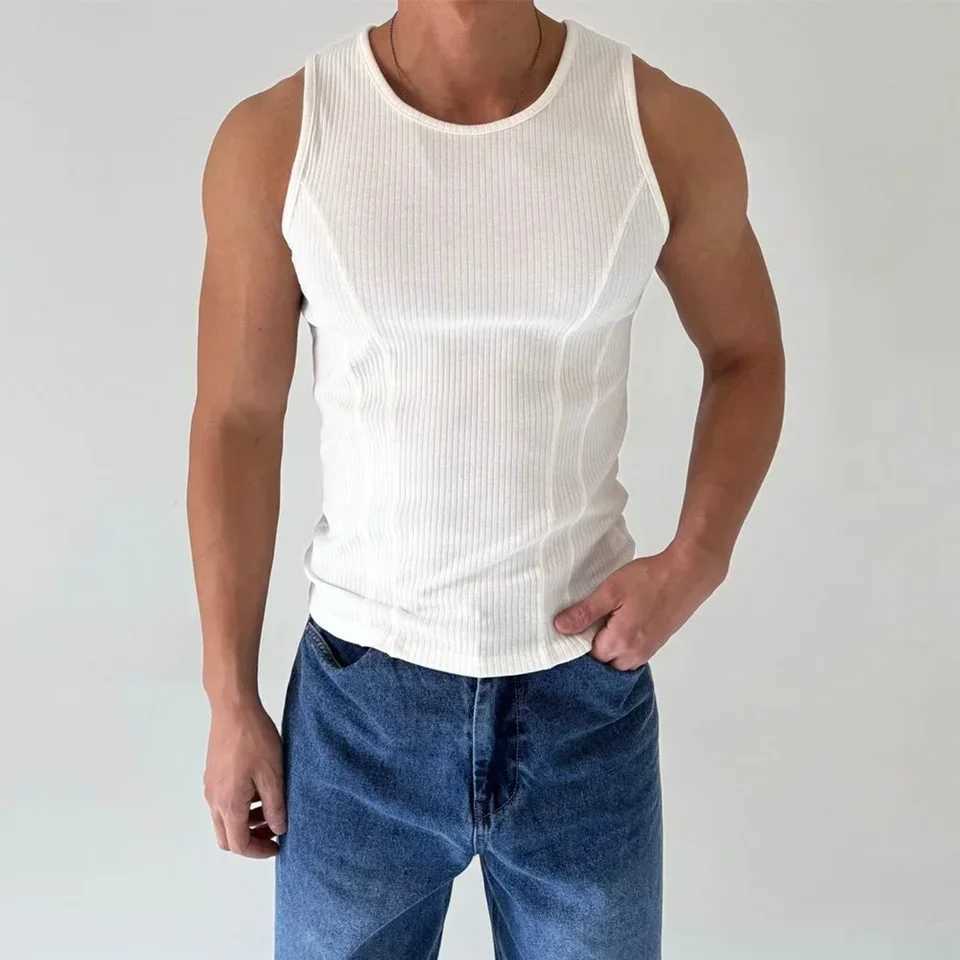 Top Men Vest Ribbed Sleeveless Stripe Tank Top Vertical Vest Fitness Regular Slim Fit Solid Sports ActivewearT250318