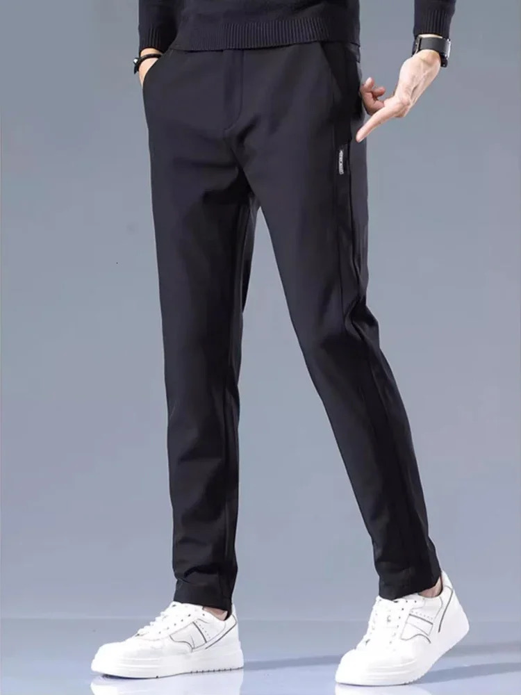 Mens casual pants semi elastic waistband nylon ice silver elastic straight tube light gray business gentleman summer casual y250305