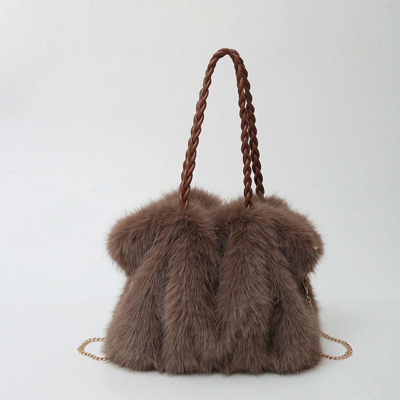 Fashion Large Tote Bag Faux Fur Women Handbags Chains Lady Shoulder Bags Fluffy Soft Plush Shopper Bag Warm Winter 241104