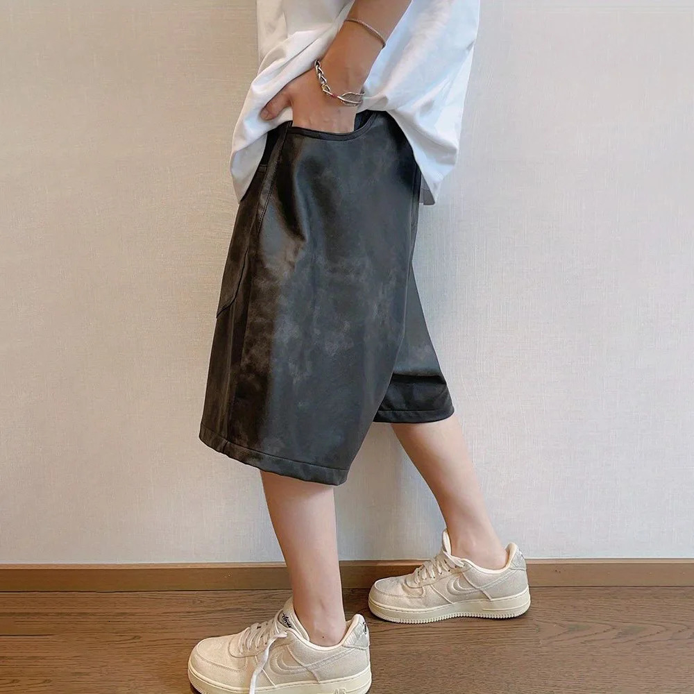 Mens Clothing Y2k Hip-Hop Shorts Summer Fashion Retro Versatile Faded Old Solid Color Pu Leather Reverse Wear Five-Point Shorts 250306