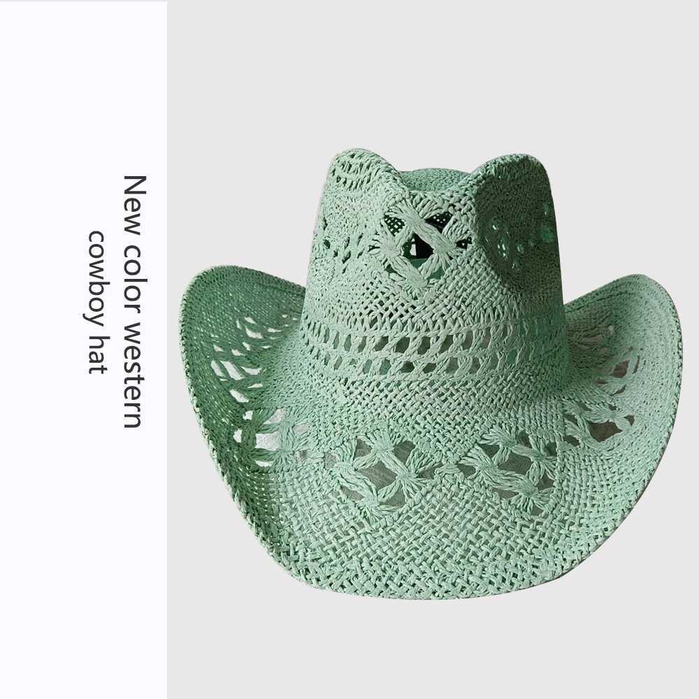 Melesh Western Womens Mint Green Cowboy Hat Straw Cowboy Hat Plasticity Strong Wide Brim Sunshine Beach Western Cowboy Hat W250307