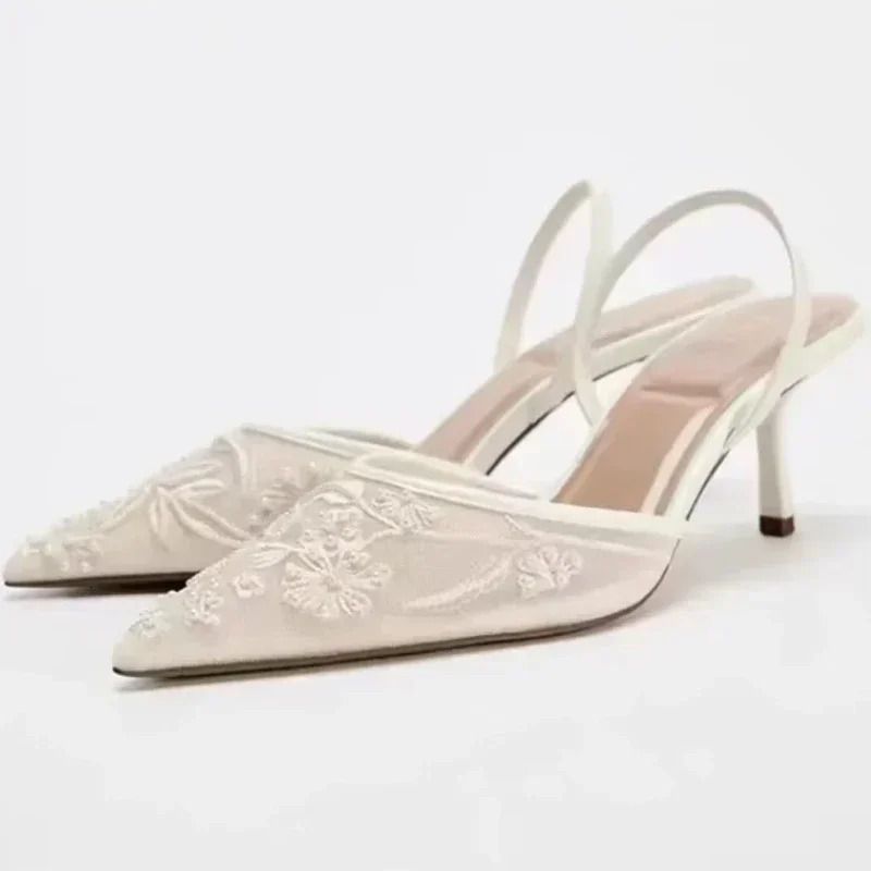 Mesh Embroidered Sandals Women String Bead Thin Heels Mules Shoes Pointed Toe Slingback Slippers Women Womens Shoes 250304