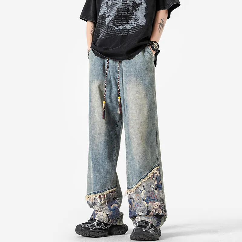 Spring Wide-Leg Gradient Denim Trousers with Drawstring for Men Retro Ethnic Style Embroidery and Fringes 250306