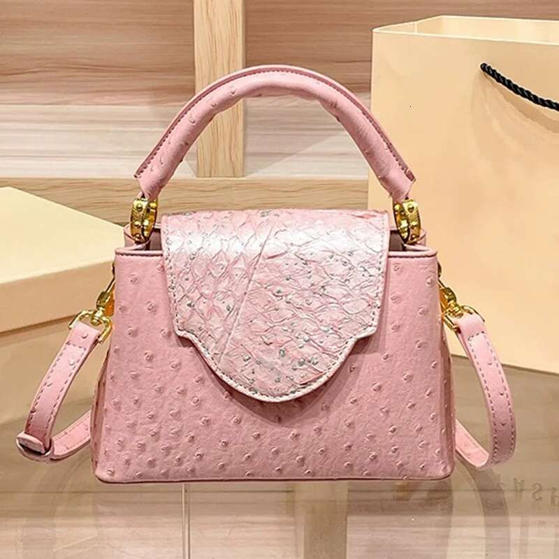 High-End Brand Women's Handbag Spring New Fashion Ostrich Pattern Crossbody Shoulder Pink Black Flap Gold Bag