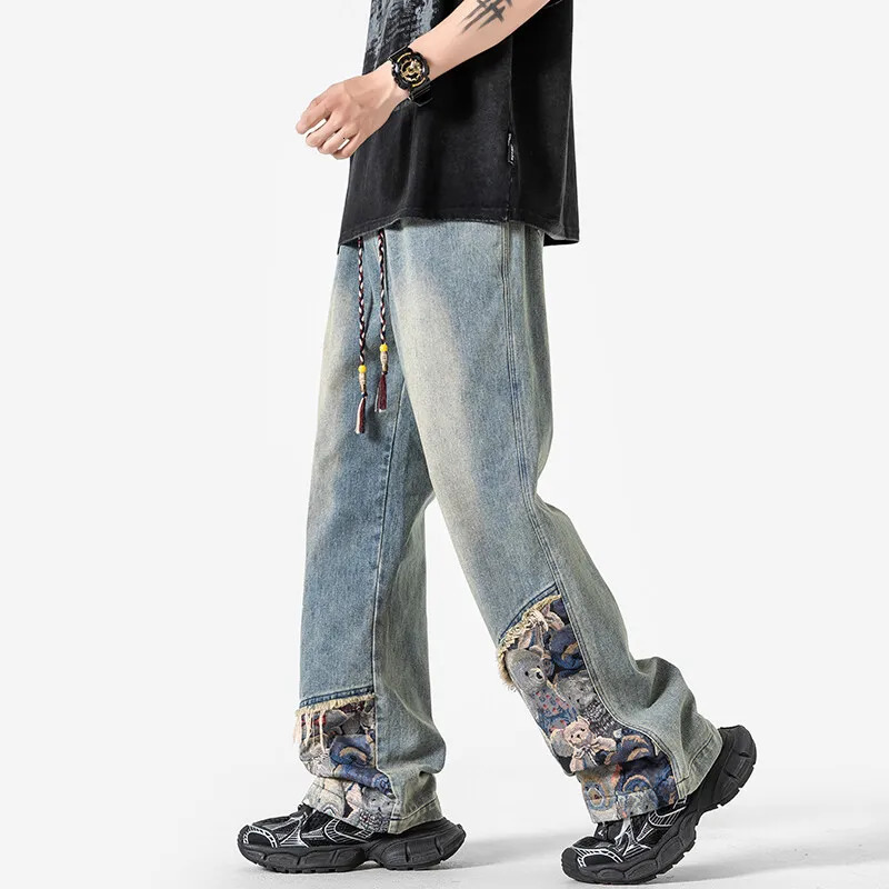 Spring Wide-Leg Gradient Denim Trousers with Drawstring for Men Retro Ethnic Style Embroidery and Fringes 250306