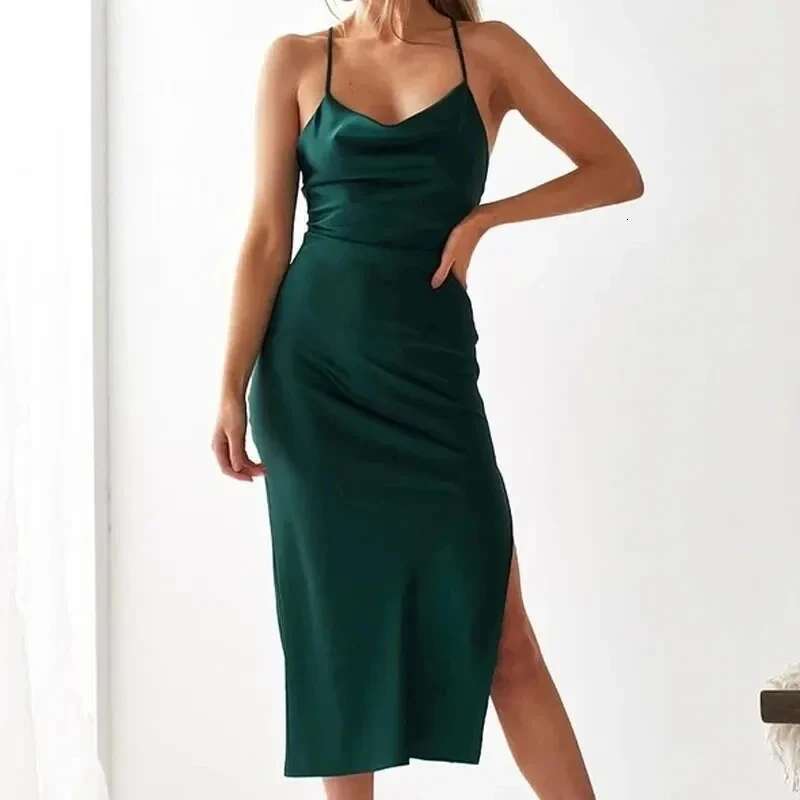 2025 NEW Sexy Horizon Green Satin Evening Bandage Green Slim Fit Midi Dresses Elegant Backless Party Dress Fashion Women Clothes 21796 KLMY
