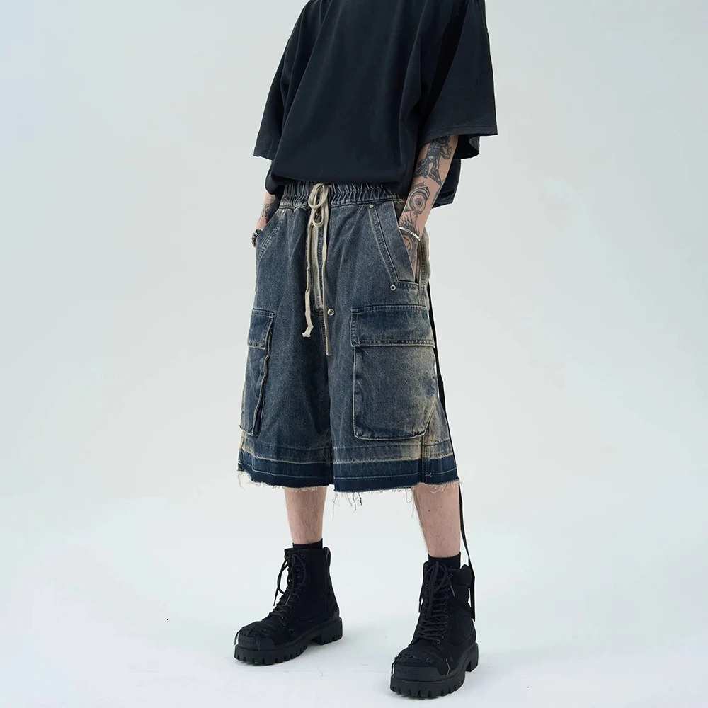Summer retro blue wide leg brushed denim shorts with washed loose denim mens fashion trend straight Y2k shorts 250306
