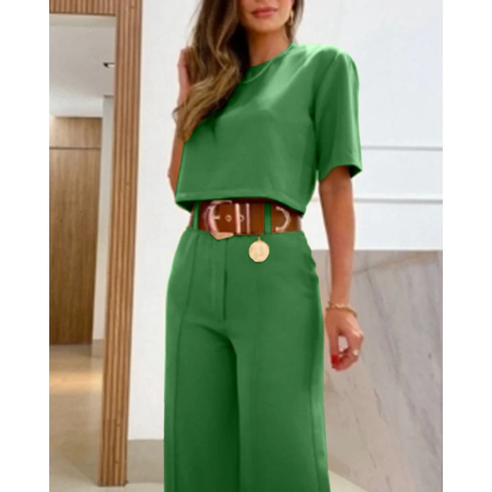 Casual Women Half Sleeve Crop Top Wide Leg Pants Set Summer Femme Office Lady Two Pieces Suit Outfits Korean Style 250225