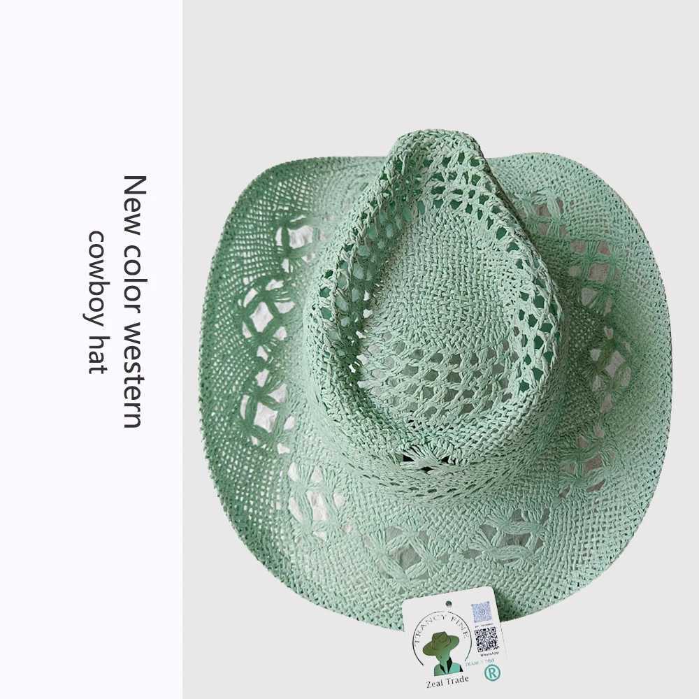 Melesh Western Womens Mint Green Cowboy Hat Straw Cowboy Hat Plasticity Strong Wide Brim Sunshine Beach Western Cowboy Hat W250307