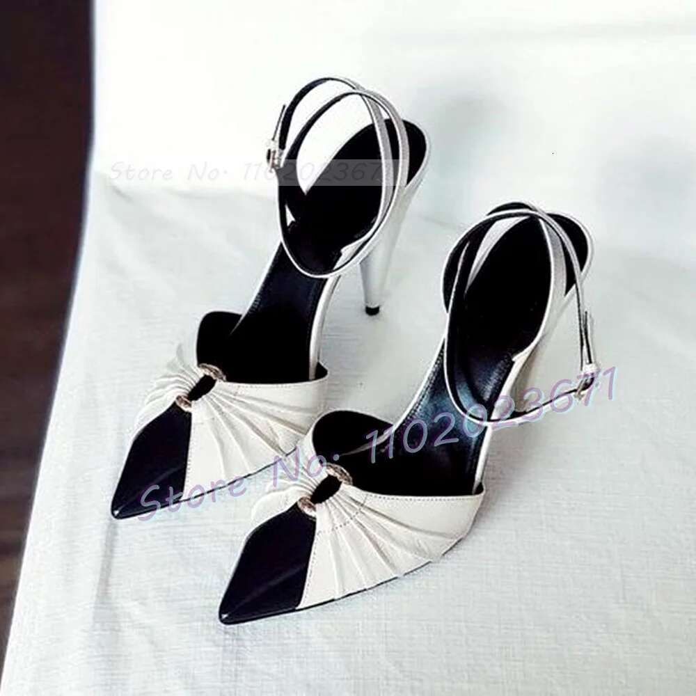 Pointy Metal Ring White Sandals Women Mixed Color Spike High Heels Elegant Work Office Lady 2023 Summer Bow knot Shoes