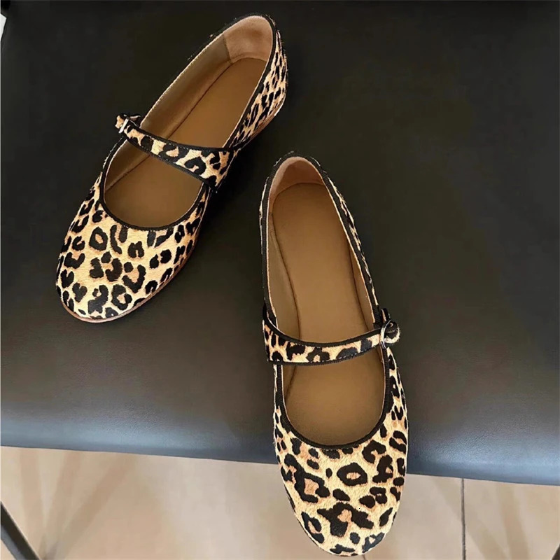 Fashion Leopard Print Women Flats Mary Janes Shoes Shallow Footwear Female Belt Buckle Casual Ladies Shoes 250306