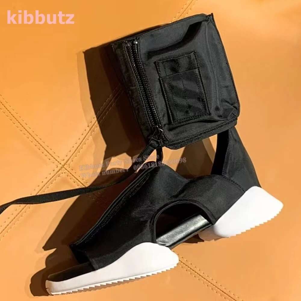 Hook Loop Sandal Boots Open Round Toe Height Increasing Hollow Solid Color Black Fashion Runway Show Novelty Concise Shoes New