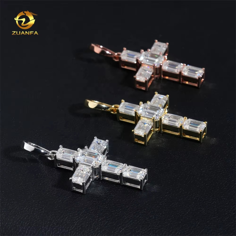 New Arrivals Emerald Cut Hip Hop Style 925 Sterling Silver Tennis Cross VVS Moissanite Pendants