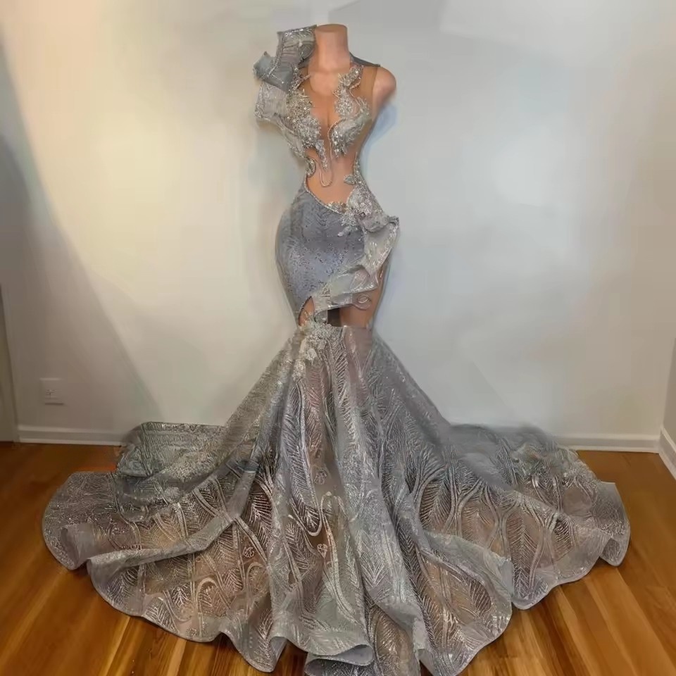 Sexy Sier Sequin Prom Dresses For Black Girls 2025 Mermaid Beaded Rhies Long Party Dress Women Customized