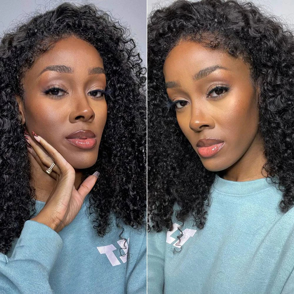 Short Bob Kinky Curly Human Hair Frontal Wig 4C Edges Lace Front Wigs Transparent 4x4 Closure Human Hair Wig Natural Hairline 250306