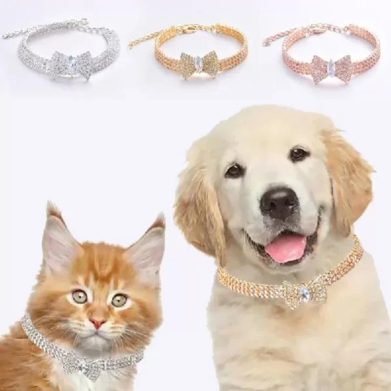 Cat Dog Collar Adjustable Pet Necklace with Diamond Zircon Bone Pendant Jewelry Luxury Metal Copper Puppy Collars Dog Supplies